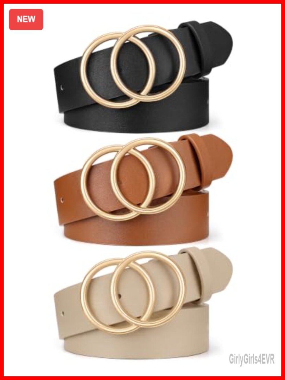 PU Leather Belt Set 3-Pack Double O-Ring Gold Buckle Adjustable Waist Belt